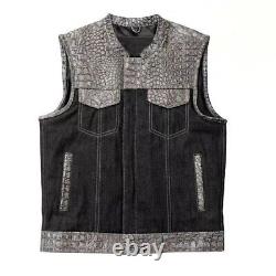 Black & Gray Leather Denim Vest with Crocodile Embossed Waistcoat