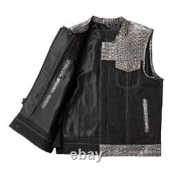 Black & Gray Leather Denim Vest with Crocodile Embossed Waistcoat