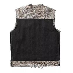 Black & Gray Leather Denim Vest with Crocodile Embossed Waistcoat