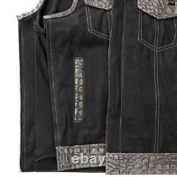 Black & Gray Leather Denim Vest with Crocodile Embossed Waistcoat