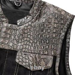 Black & Gray Leather Denim Vest with Crocodile Embossed Waistcoat