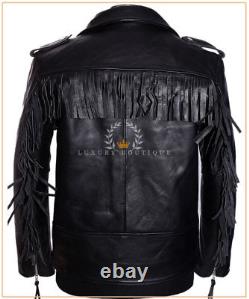 Brando Fringe Black Men's Biker Real Cowhide Leather Motorcycle Fashion Jacket