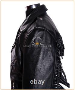 Brando Fringe Black Men's Biker Real Cowhide Leather Motorcycle Fashion Jacket