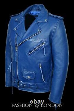 Men Blue Biker Leather Jacket BRANDO Motorcycle Motorbike Cowhide Leather Jacket