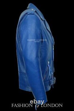 Men Blue Biker Leather Jacket BRANDO Motorcycle Motorbike Cowhide Leather Jacket