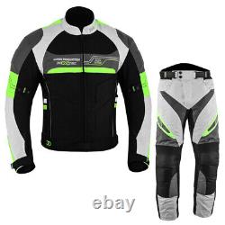 Men Motorbike 2Piece Hi-Vis Textile Suit Motorcycle Racing Jacket Trouser Armour