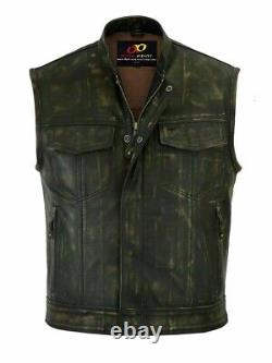 Men Motorcycle Biker Distressed Leather Vest Anarchy Club Gun Pocket