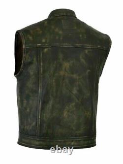 Men Motorcycle Biker Distressed Leather Vest Anarchy Club Gun Pocket