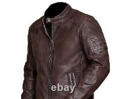 Men's Biker Moto Vintage Motorcycle Antique Brown Waxed Real Leather Jacket