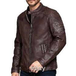 Men's Biker Moto Vintage Motorcycle Antique Brown Waxed Real Leather Jacket