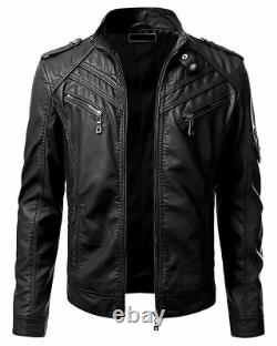 Men's Black Biker Sheepskin Leather Motorcycle Jacket