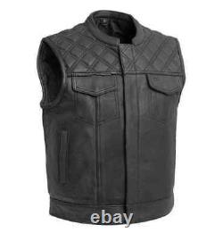 Men's Black Leather Motorbike Vest Handmade Motorcycle Club Vest Diamond Stitch