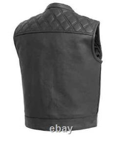 Men's Black Leather Motorbike Vest Handmade Motorcycle Club Vest Diamond Stitch