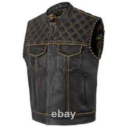 Men's Black Leather Vest Diamond Motorbike Motorcycle Concealed Orange Waistcoat