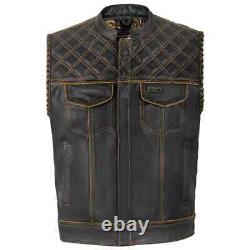 Men's Black Leather Vest Diamond Motorbike Motorcycle Concealed Orange Waistcoat