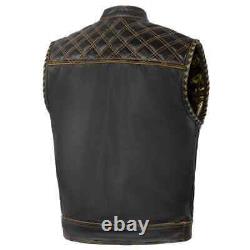 Men's Black Leather Vest Diamond Motorbike Motorcycle Concealed Orange Waistcoat