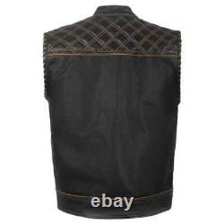 Men's Black Leather Vest Diamond Motorbike Motorcycle Concealed Orange Waistcoat