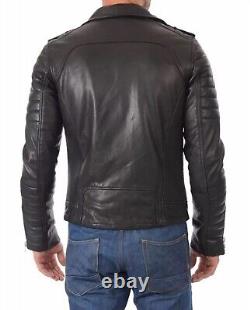 Men's Black Quilted Biker Jacket 100% Real Lambskin Leather Motorcycle Jacket