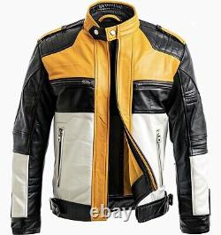 Men's Black and Yellow Genuine Cow Leather Motorcycle Motorbike Biker Jacket