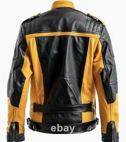 Men's Black and Yellow Genuine Cow Leather Motorcycle Motorbike Biker Jacket