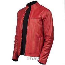 Men's Genuine Lambskin Leather Red Motorcycle Biker Jacket Cafe Racer Jacket