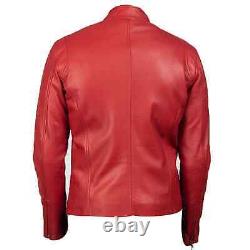 Men's Genuine Lambskin Leather Red Motorcycle Biker Jacket Cafe Racer Jacket