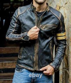 Men's Motorcycle Biker Vintage Cafe Racer Distressed Black Real Leather Jacket