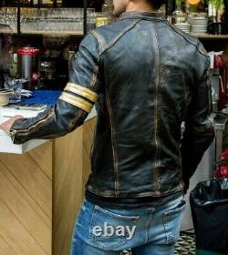 Men's Motorcycle Biker Vintage Cafe Racer Distressed Black Real Leather Jacket