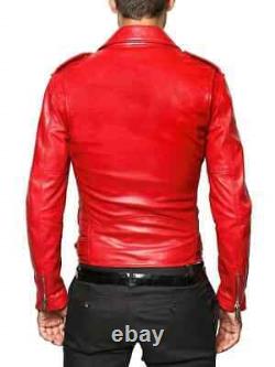 Men's Stylish Genuine Handmade Red Leather Jackets, Motorbike Bike Racer Jacket