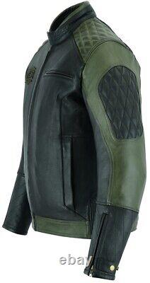 Mens Black / Green Motorbike / Motorcycle Genuine Premium Cowhide Leather Jacket