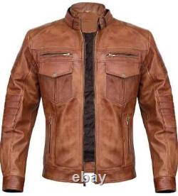 Mens Genuine Cowhide Leather Jacket Motorcycle Real Motorbiker Jacket Stylish
