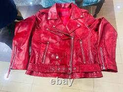 Mens Womens Red Biker Leather Jacket BRANDO Motorcycle Motorbike Leather Large