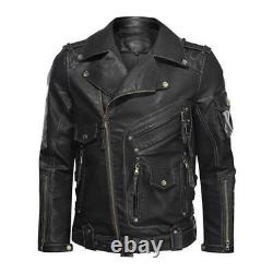 Motorcycle Leather Jacket Motorbike Genuine Black Biker With CE Armour Black