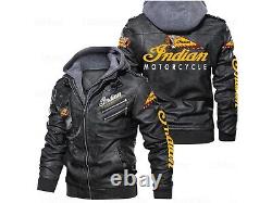 New Men's Handmade Indian Motorcycle Hoodie Geniune Cowhide Leather Biker Jacket