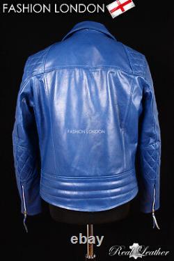 REBEL Men's Biker Motorcycle hide Leather Jacket Motorbike Cruiser Blue Jacket