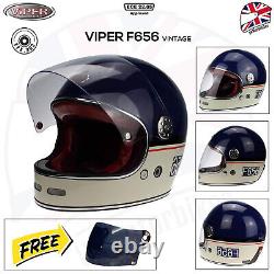 VIPER MOTORBIKE VINTAGE RETRO FULL FACE CLASSIC FIBREGLASS HELMET F656 Blu/Cream